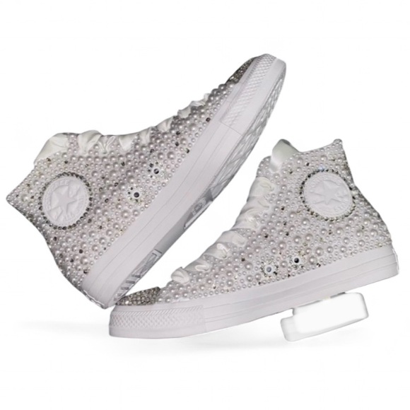 Crystal Diamonds & Pearls High Top Converse Sizes 5-14 New With Ribbon Laces - Picture 1 of 14
